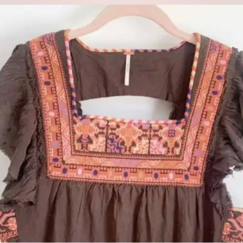 Free People Brown Mini Dress with Coral Embroidered Yoke - Picture 5 of 11